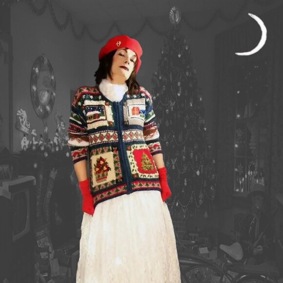 Christmas Sweater Tiara Holiday Cardigan, Multicolor Cotton NOT UGLY! 90s VTG - Picture 1 of 13